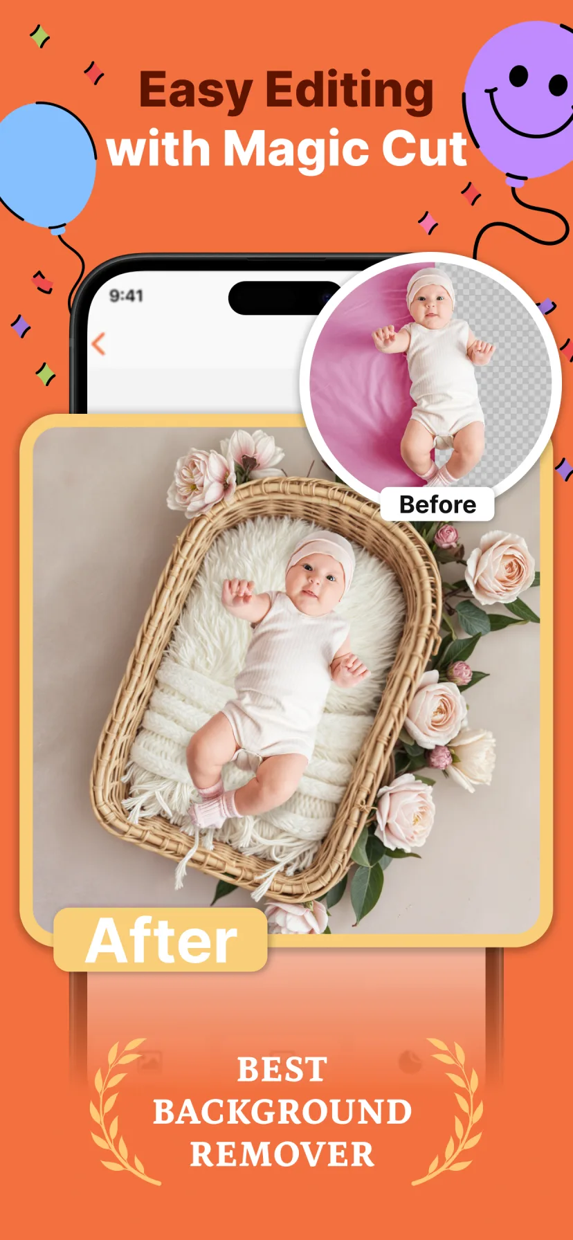 Magic Cut background remover turning a plain baby photo into a studio basket portrait