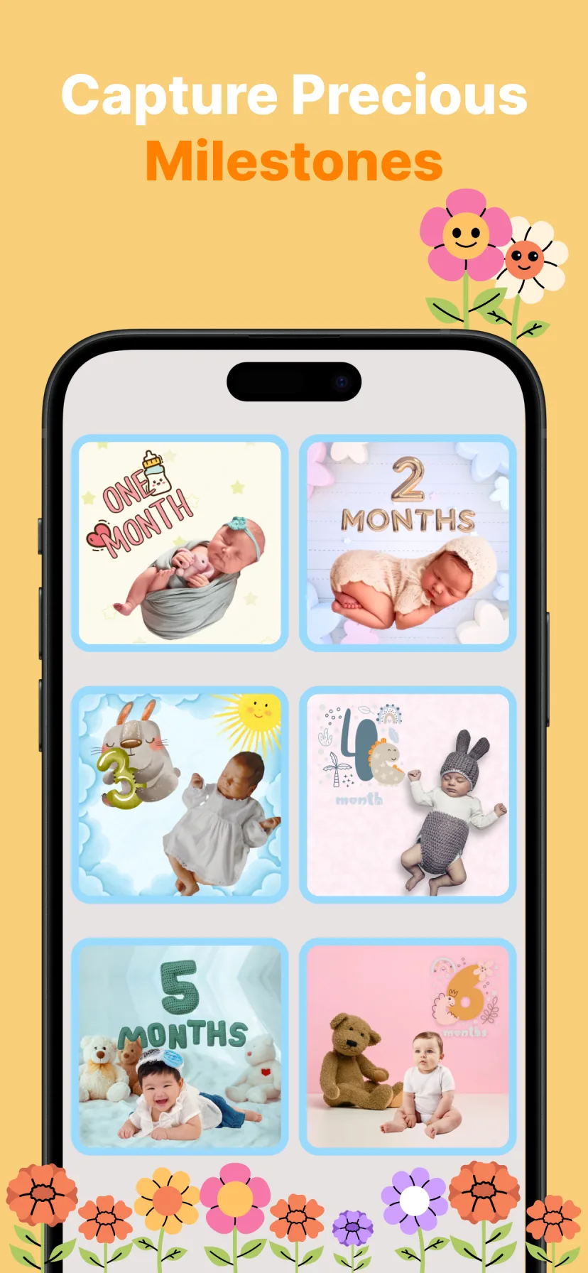 Monthly baby milestone photo cards from one to six months