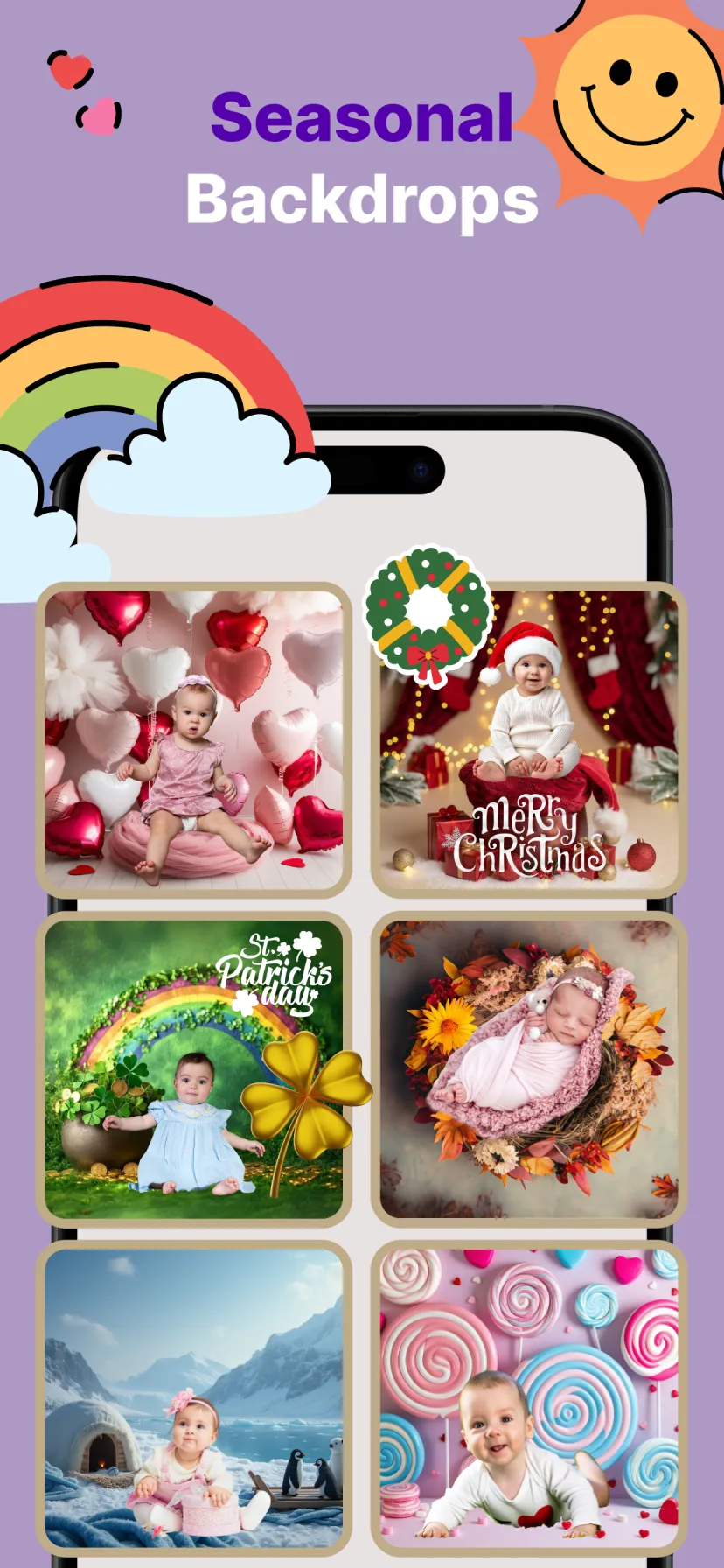 Seasonal baby photo backdrops: Christmas, Valentine’s and St. Patrick’s themes