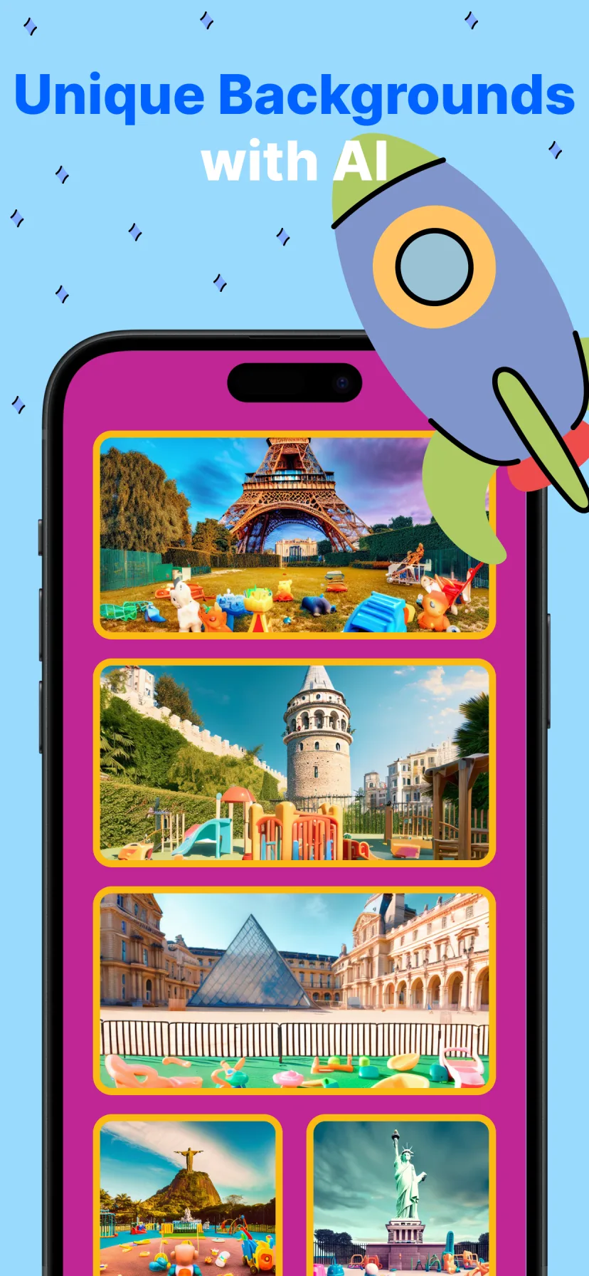 AI baby photo backgrounds with world landmarks like the Eiffel Tower