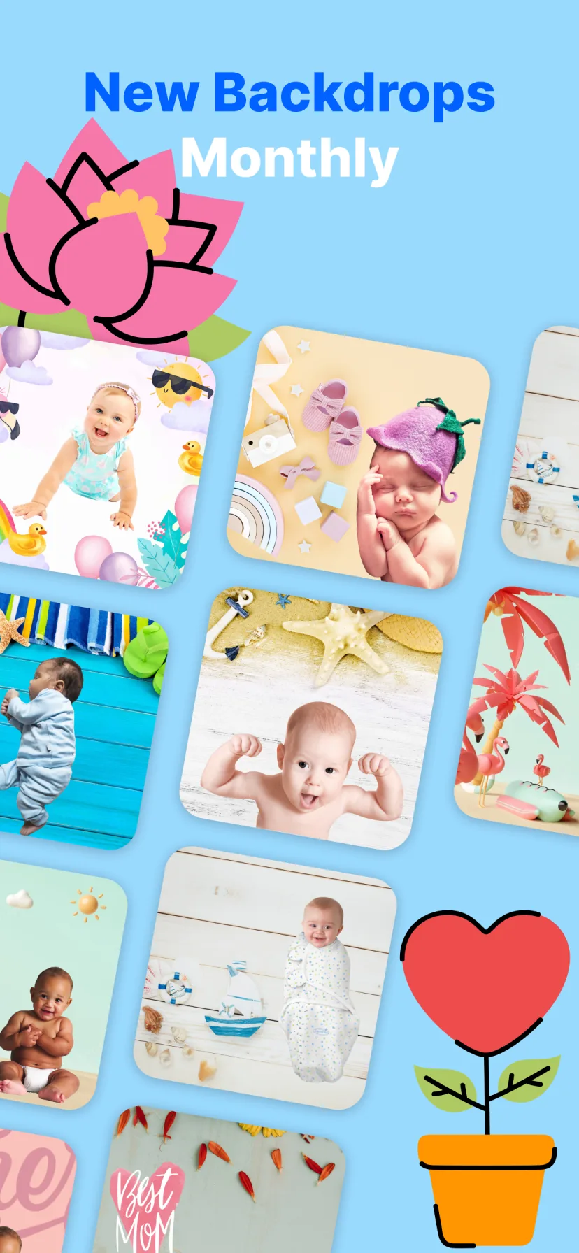 New baby photo backdrops added monthly in the Miracle app