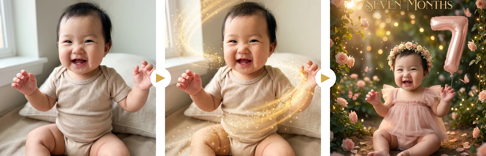 A plain phone photo transforming into a magical baby milestone portrait